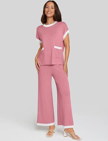 UEU Women 2 Piece Outfits Lounge Set Short Sleeve Knit Tops Wide Leg Pants Matching Loungewear Color Block Sweater Set in Saudi Arabia