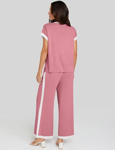 UEU Women 2 Piece Outfits Lounge Set Short Sleeve Knit Tops Wide Leg Pants Matching Loungewear Color Block Sweater Set in Saudi Arabia