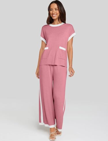 UEU Women 2 Piece Outfits Lounge Set Short Sleeve Knit Tops Wide Leg Pants Matching Loungewear Color Block Sweater Set in Saudi Arabia