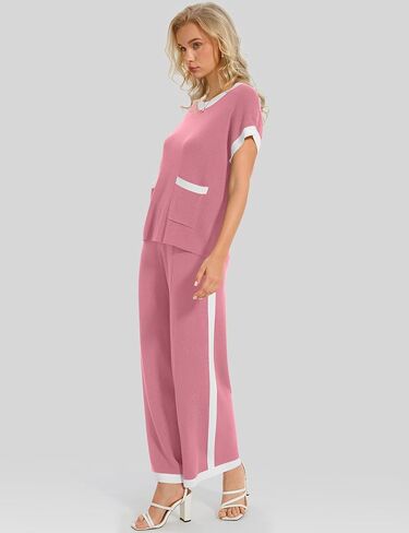 UEU Women 2 Piece Outfits Lounge Set Short Sleeve Knit Tops Wide Leg Pants Matching Loungewear Color Block Sweater Set in Saudi Arabia