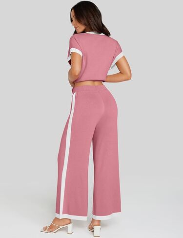 UEU Women 2 Piece Outfits Lounge Set Short Sleeve Knit Tops Wide Leg Pants Matching Loungewear Color Block Sweater Set in Saudi Arabia
