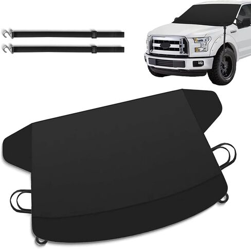 قطعة واحدة من غطاء الزجاج الأمامي للسيارة من أكسفورد السميك للسيارة، غطاء ثلجي مقاوم للماء في جميع الأحوال الجوية، سيارة مقاس 66.92 بوصة × 42.12 بوصة مع واقي مرآة جانبية، عالمي لمعظم السيارات (أسود) in Kuwait