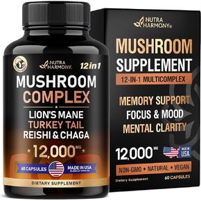 Mushroom Supplement - Organic Lion's Mane | Turkey Tail | Chaga | Cordyceps | Reishi | Maitake | Shiitake | Meshima | Tremella | Oyster | Agaricus - Made in USA - 12-in-1 Complex 12000 mg, 60 Capsules