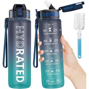 Water Bottle with Straw, 27oz Motivational Water Bottles with Time Marker to Drink, Tritan BPA Free, 800ml Sports Water Bottle with Carry Strap LeakProof for School Fitness Outdoor (1Pack)