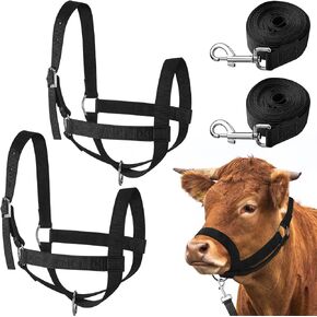 2 Pieces Nylon Cow Halter with 2 Pieces Leading Rope Adjustable Foal Halter Horse Halter Calf Harness for Donkey Cattle Goat Training, Black