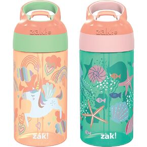 Zak Designs 16oz Riverside Kids Water Bottle with Spout Cover and Built-in Carrying Loop, Made of Durable Plastic, Leak-Proof Design for Travel (Dino Camo & Safari, Pack of 2)