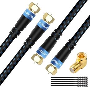 Coaxial Cable 2ft 2 Pack Quad Shielded Digital RG6 Antenna Cable RG6 Coax Cord with Angled Male to Female Adapter+25 Cable Ties
