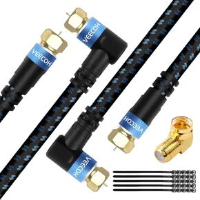 Coaxial Cable 2ft 2 Pack Quad Shielded Digital RG6 Antenna Cable RG6 Coax Cord with Angled Male to Female Adapter+25 Cable Ties