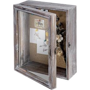 MyGift 11x14 Rustic Torched Wood Shadow Box with Cork Board Backing, Wall Mounted Display Case with Clear Acrylic Front Window Panel, Metal Handle and Latch