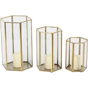 CosmoLiving by Cosmopolitan Glass Pillar Candle Lantern with Metal Plate, Set of 3 6", 8", 10"H, Gold