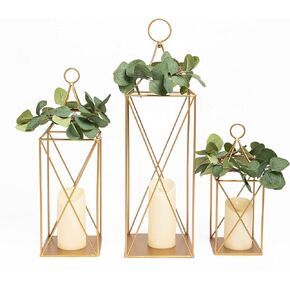 HPC Decor Tall Metal Lantern Decor Set of 3-24"& 19"& 13" Elegant Decorative Lanterns with Garlands-Modern Candle Lanterns for Garden Porch Decor,Indoor/Outdoor for Wedding Décor, Party, Home Decor.