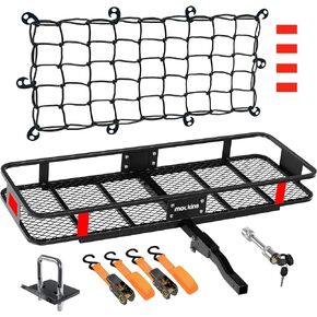 Mockins 60"x20"x6" Heavy-Duty Cargo Carrier Hitch Mount 500lb Cap. Folding Cargo Rack Basket with Net, Strap, Hitch Lock & Stabilizer | Tow Trailer Hitch Cargo Carrier | Fits Vehicle with 2" Receiver