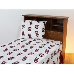 Everything Comfy South Carolina Gamecocks Twin Sized 3 Piece Sheet Set, White Color Background, 1 Flat Sheet, 1 Fitted Sheet, 1 Pillowcase