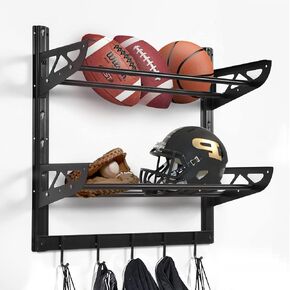 Wallmaster Garage Sports Equipment Organizer Ball Storage Rack Wall Mount Adjustable 2 Layers Steel Black Sports Gear Storage Holder with 5 Hooks in Kuwait