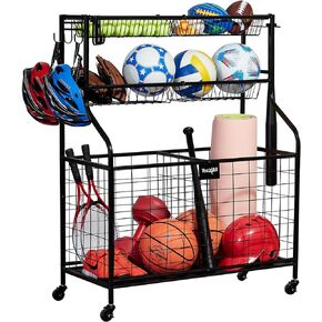 YES4ALL Garage Sports Equipment Organizer, Heavy Duty Rolling Ball Storage, Indoor Outdoor Toy, Football Baseball Gear Rack