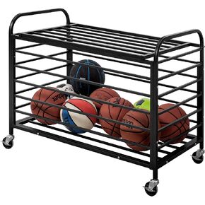 MyGift Professional Black Metal Rolling Sports Ball Storage Cart with Lid