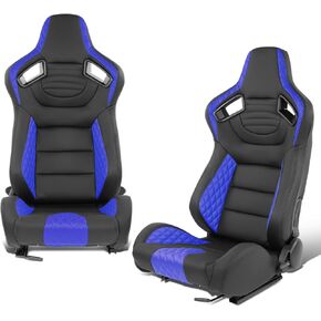 DNA MOTORING Universal Reclinable Bucket Seats with Bottom Mount Sliders,21" W X 22" D X 38" H,Black/Blue, RS-JBR-003-BL