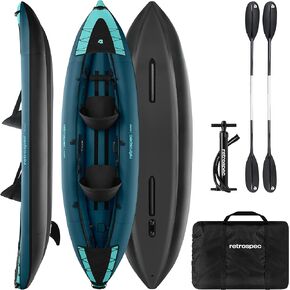 Retrospec Coaster 1 & 2 Person Inflatable Kayak - Portable 600-Denier Ripstop Polyester Blow up Kayak - Includes Double-Sided Paddle, Hand Pump & Carrying Bag