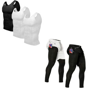 Odoland Bundle – 2 Items Mens 3 Pack Body Shaper Slimming Tummy Vest and 2 Pack Mens Compression Running Pants, Black/White, L