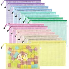 JARLINK 16pcs Mesh Zipper Pouch for Organizing, A3 Size Waterproof Zipper Storage Bags, 8 Colors Plastic File Pouch, Multipurpose for Travel, School, Board Game, Puzzles, Office, and Home Organize