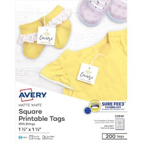 Avery Printable Blank Square Gift Tags with Sure Feed, 1.5" x 1.5", White, 200 Customizable Tags with Strings (22849)