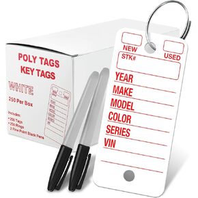 Poly Tag Key Tags with Ring ( White ) – 250 Key Tag Count. Includes 250 Rings and 2 Fine Point Pens. Car Key Tags Plastic || Automotive Key Tags || Dealer Tags