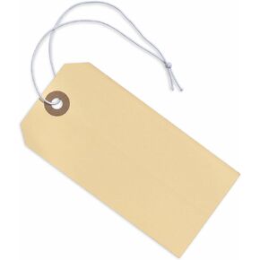 Tags with Elastic String Attached - #5, 4 3/4" x 2 3/8" Box of 200 Manila Paper Label Tags with Elastic Loop and Reinforced Hole