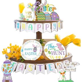 Anditoy Easter Tiered Tray Decor Set Easter Egg Bunny Wood Sign Decorations for Farmhouse Home Party Easter Decorations in Kuwait