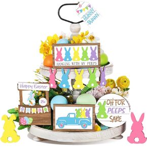 Marsui 12 Pcs Easter Tiered Tray Decor Set Happy Easter Signs Easter Bunny Wooden Sign Rustic Farmhouse Spring Tray Decorations Set for Tiered Tray Home Easter Table