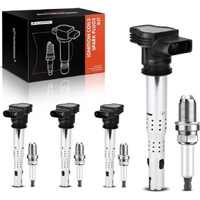 A-Premium Set of 4 Ignition Coil Pack and Iridium Spark Plugs Compatible with Audi A3 2004-2013, A4 2005-2016 & Volkswagen Jetta 2005-2015, Tiguan 2009-2017 & More, 2.0L 2.5L