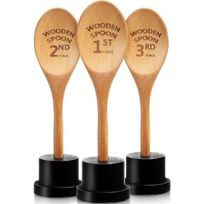 3 Pieces Golden Spoon Award Trophies Set Chili Cook Off Wood Spoon Prizes Wooden Laser Engraved Wooden Spoon with Wooden Trophy Base Cooking Baking Gifts for Bake Off Chili (8.66'')