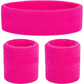 Neon Pink Sweatbands Headband Wristband Set, Sweatbands for Women, Workout Accessories for Women 80s Hot Pink 80s Sweatbands Set One Size