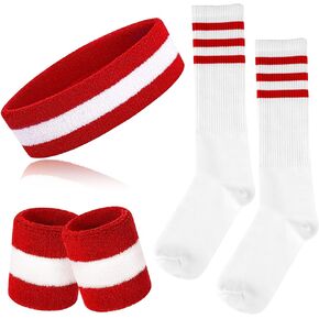 5 Pieces Sweatbands Striped Socks Set Sports Headband Wristbands High Tube Socks 80s Accessories for Men Women 80s Costumes Theme Party