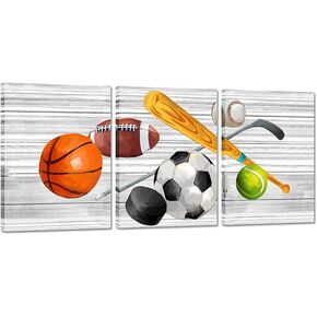 3 Pieces Rustic Sports Canvas Wall Art Basketball Football Baseball Soccer Sports Themed Artwork for Kids Room Boys Room Decor Ready to Hang 12x16inchx3pcs