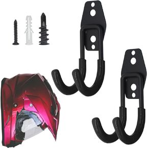 Wall Mount Helmet Hook Holder Black,2 Large Double Iron Curved Hook Tools with Mounting Screws. A Good Home for Harley, Honda, Kawasaki, etc Helmet (large hook x2)