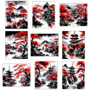 Japanese Wall Art Prints - Japanese Landscape Posters Red and Black Cherry Blossom Trees Picture Modern Painting for Living Room Bedroom Japan Themed Decor - 8x10 UNFRAMED Photos
