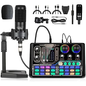 حزمة معدات البودكاست، بطاقة الصوت، لوحة الصوت، خلاط واجهة صوت DJ احترافي، استوديو إنتاج بودكاست محمول الكل في واحد مع ميكروفون XLR للبث المباشر والتسجيل والألعاب in Kuwait