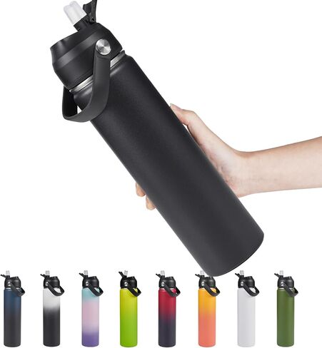 Stainless Steel Insulated Water Bottle, 24oz Double Wall Vacuum Insulated Water Bottle Leak Proof with Silicone Straw, Wide Mouth Lid, BPA Free, Keep Cold and Hot, 24oz, Black in Saudi Arabia