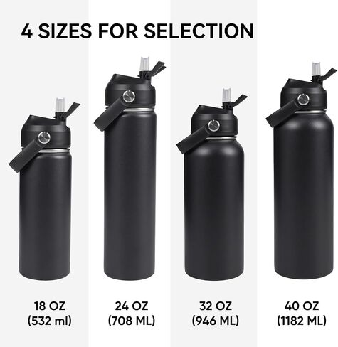 Stainless Steel Insulated Water Bottle, 24oz Double Wall Vacuum Insulated Water Bottle Leak Proof with Silicone Straw, Wide Mouth Lid, BPA Free, Keep Cold and Hot, 24oz, Black in Saudi Arabia