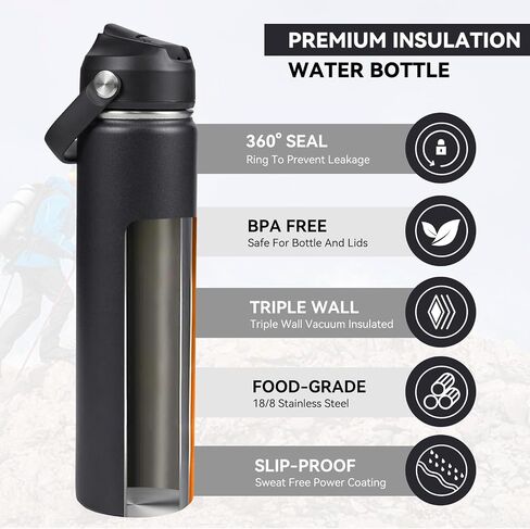 Stainless Steel Insulated Water Bottle, 24oz Double Wall Vacuum Insulated Water Bottle Leak Proof with Silicone Straw, Wide Mouth Lid, BPA Free, Keep Cold and Hot, 24oz, Black in Saudi Arabia