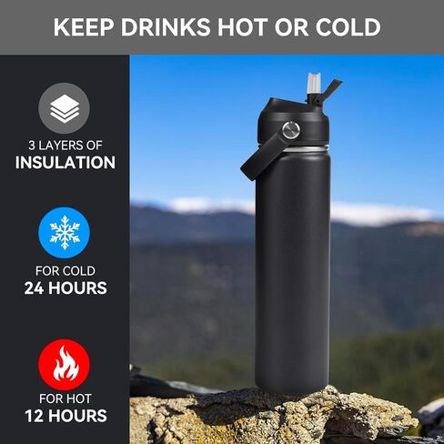 Stainless Steel Insulated Water Bottle, 24oz Double Wall Vacuum Insulated Water Bottle Leak Proof with Silicone Straw, Wide Mouth Lid, BPA Free, Keep Cold and Hot, 24oz, Black in Saudi Arabia