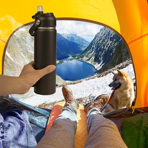 Stainless Steel Insulated Water Bottle, 24oz Double Wall Vacuum Insulated Water Bottle Leak Proof with Silicone Straw, Wide Mouth Lid, BPA Free, Keep Cold and Hot, 24oz, Black in Saudi Arabia