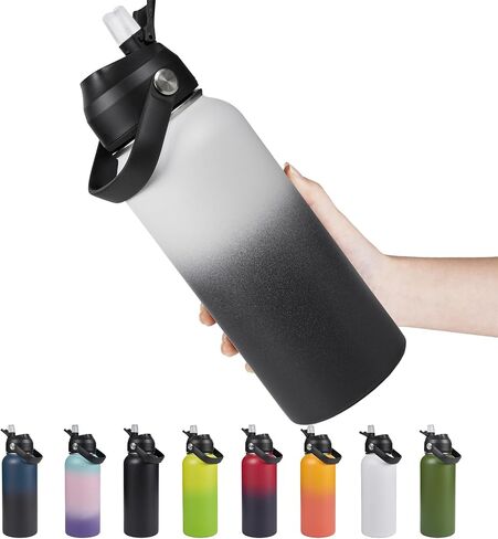 Stainless Steel Insulated Water Bottle, 24oz Double Wall Vacuum Insulated Water Bottle Leak Proof with Silicone Straw, Wide Mouth Lid, BPA Free, Keep Cold and Hot, 24oz, Black in Saudi Arabia