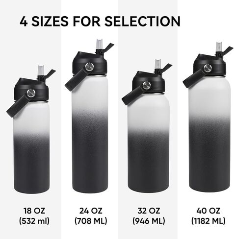Stainless Steel Insulated Water Bottle, 24oz Double Wall Vacuum Insulated Water Bottle Leak Proof with Silicone Straw, Wide Mouth Lid, BPA Free, Keep Cold and Hot, 24oz, Black in Saudi Arabia