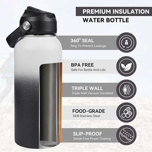 Stainless Steel Insulated Water Bottle, 24oz Double Wall Vacuum Insulated Water Bottle Leak Proof with Silicone Straw, Wide Mouth Lid, BPA Free, Keep Cold and Hot, 24oz, Black in Saudi Arabia
