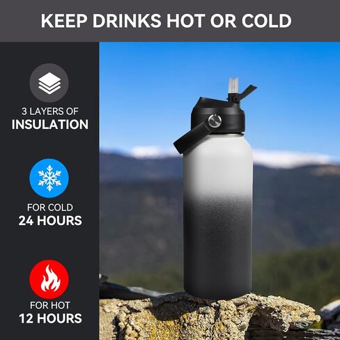 Stainless Steel Insulated Water Bottle, 24oz Double Wall Vacuum Insulated Water Bottle Leak Proof with Silicone Straw, Wide Mouth Lid, BPA Free, Keep Cold and Hot, 24oz, Black in Saudi Arabia