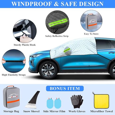 غطاء ثلجي للزجاج الأمامي للسيارة من AUTODECO، غطاء الزجاج الأمامي للثلج والثلج مع حماية من 4 طبقات، واقي ممسحة الصقيع وأغطية مرايا جانبية لمعظم سيارات الدفع الرباعي والشاحنات (94.5 بوصة × 59 بوصة) in Kuwait