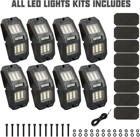 SUNPIE 8 Pods Pure White LED Rock Lights Wide Angle 6000K for Off Road Truck Car ATV UTV SUV Motorcycle Under Body Glow Light Lamp Fender Lighting, Extension Wires Provided in Kuwait