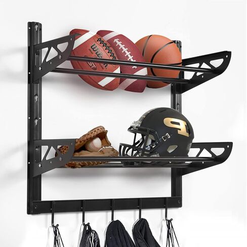 Wallmaster Garage Sports Equipment Organizer Ball Storage Rack Wall Mount Adjustable 2 Layers Steel Black Sports Gear Storage Holder with 5 Hooks in Kuwait