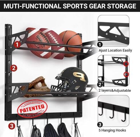 Wallmaster Garage Sports Equipment Organizer Ball Storage Rack Wall Mount Adjustable 2 Layers Steel Black Sports Gear Storage Holder with 5 Hooks in Kuwait